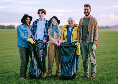 A group of volunteers stand in a field wearing gloves and carrying garbage bags